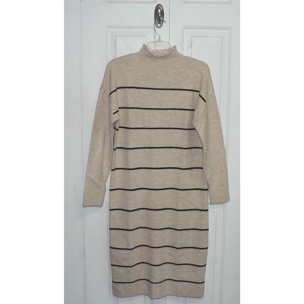 Abbott Elementary Striped Midi Sweater‎ Dress in Oatmeal Black Stripe Medium $69